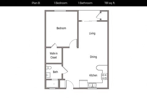 Floor plan for 1 bed, 1 bath, 781 sqft